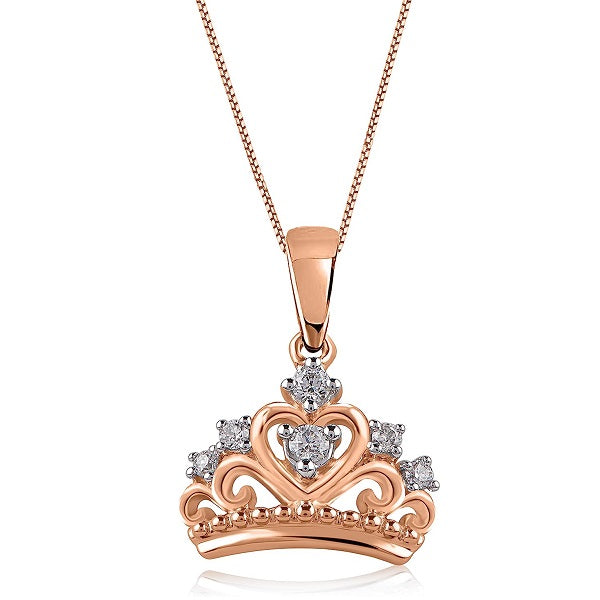 Princess Tiara Crown Heart Pendant Necklace in 10KT Gold