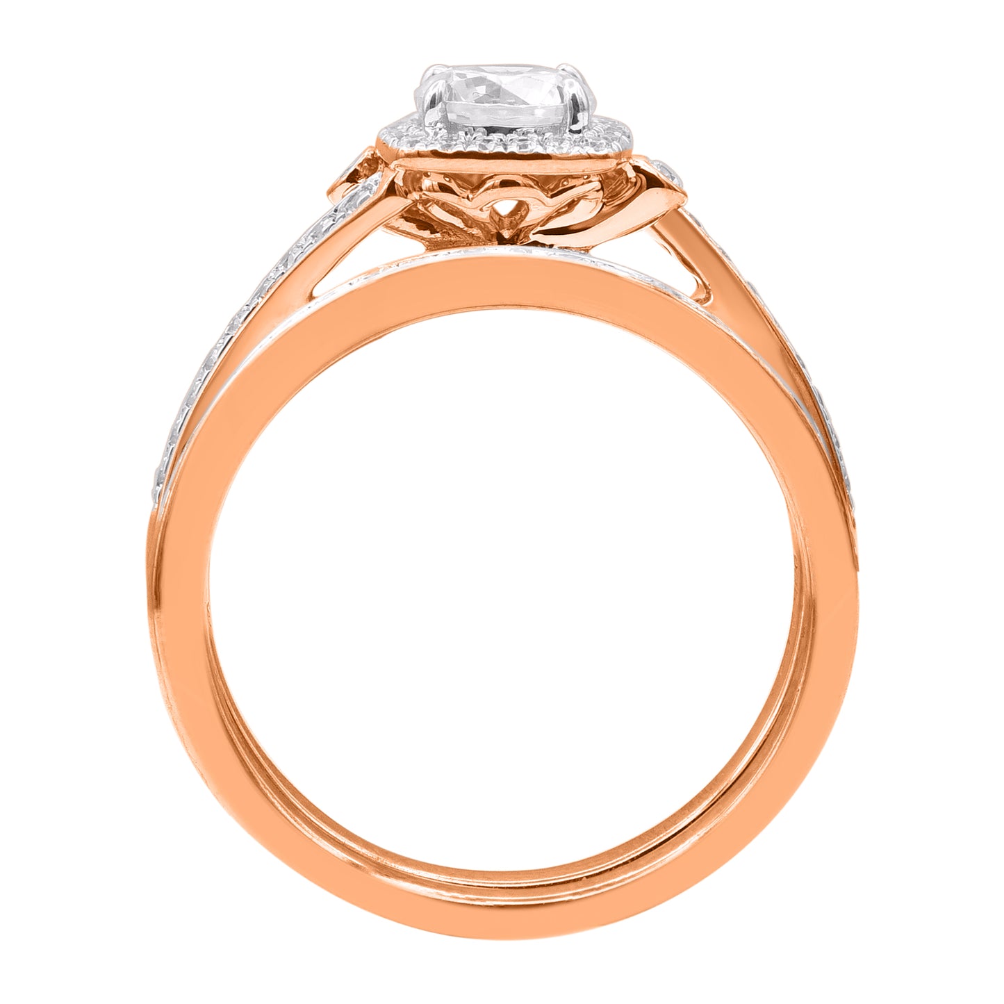 1.0 Carat Round Diamond Halo Bridal Ring Set in 14K Rose Gold