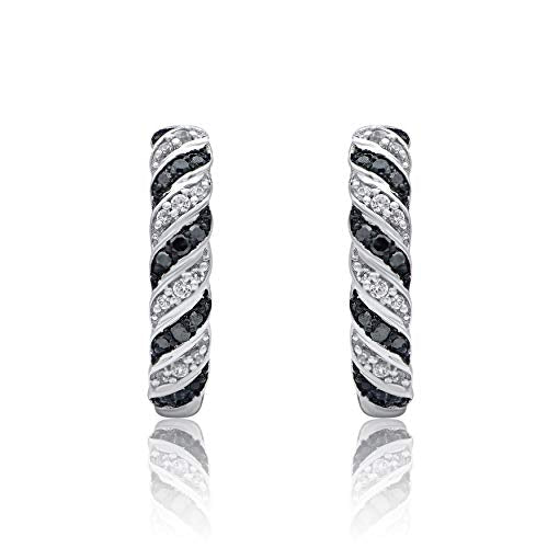 Natural White and Black Diamond Huggie Hoop Earrings in 10K Gold