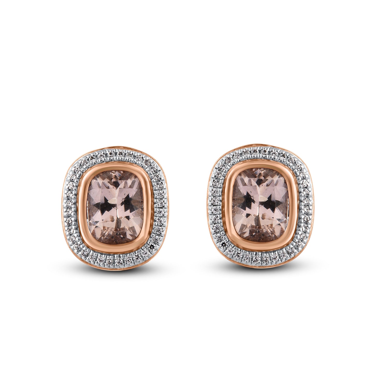 cushion-cut morganite gemstone and diamonds stud earrings in 10kt gold