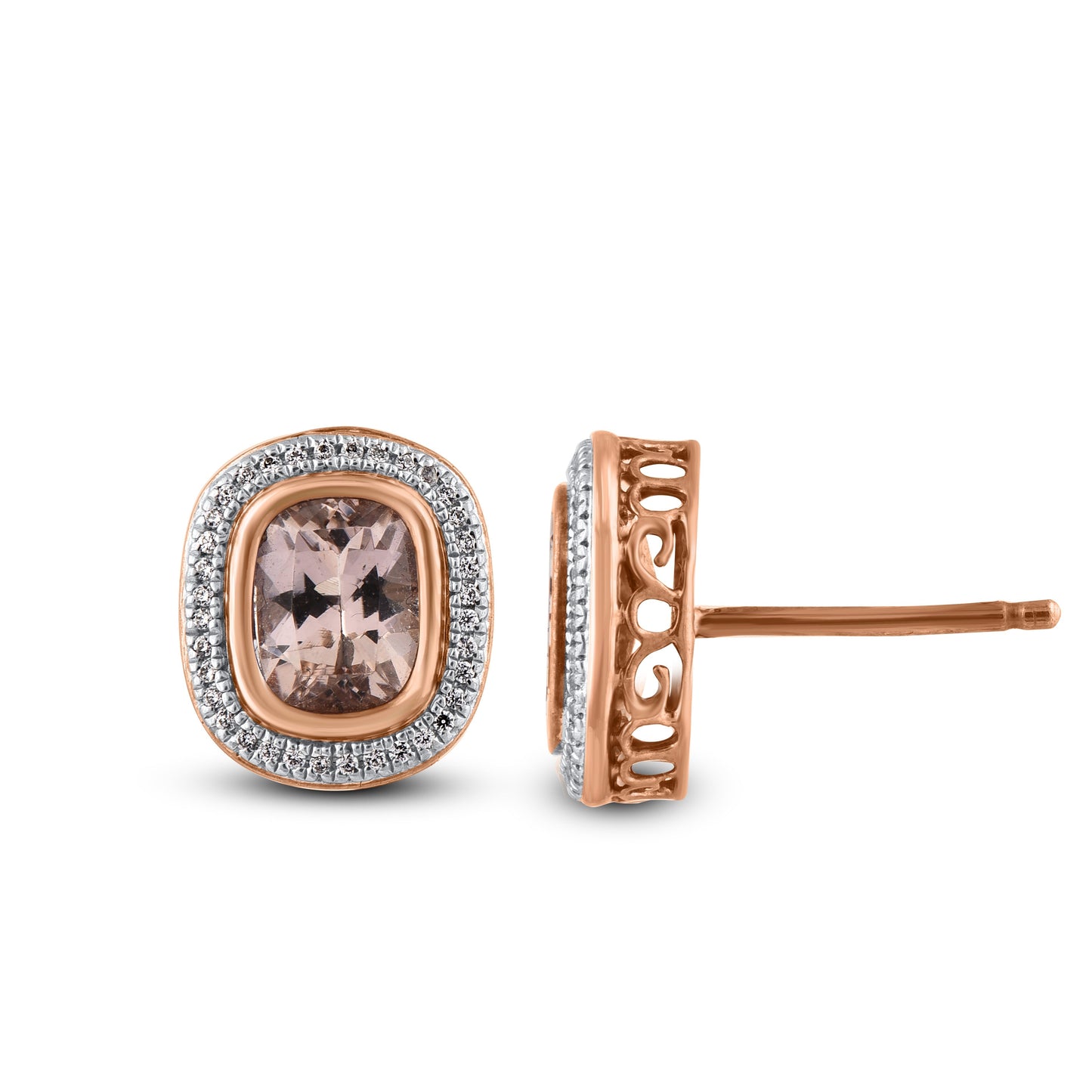 Cushion-cut Morganite Halo Stud Earrings in 10KT Gold