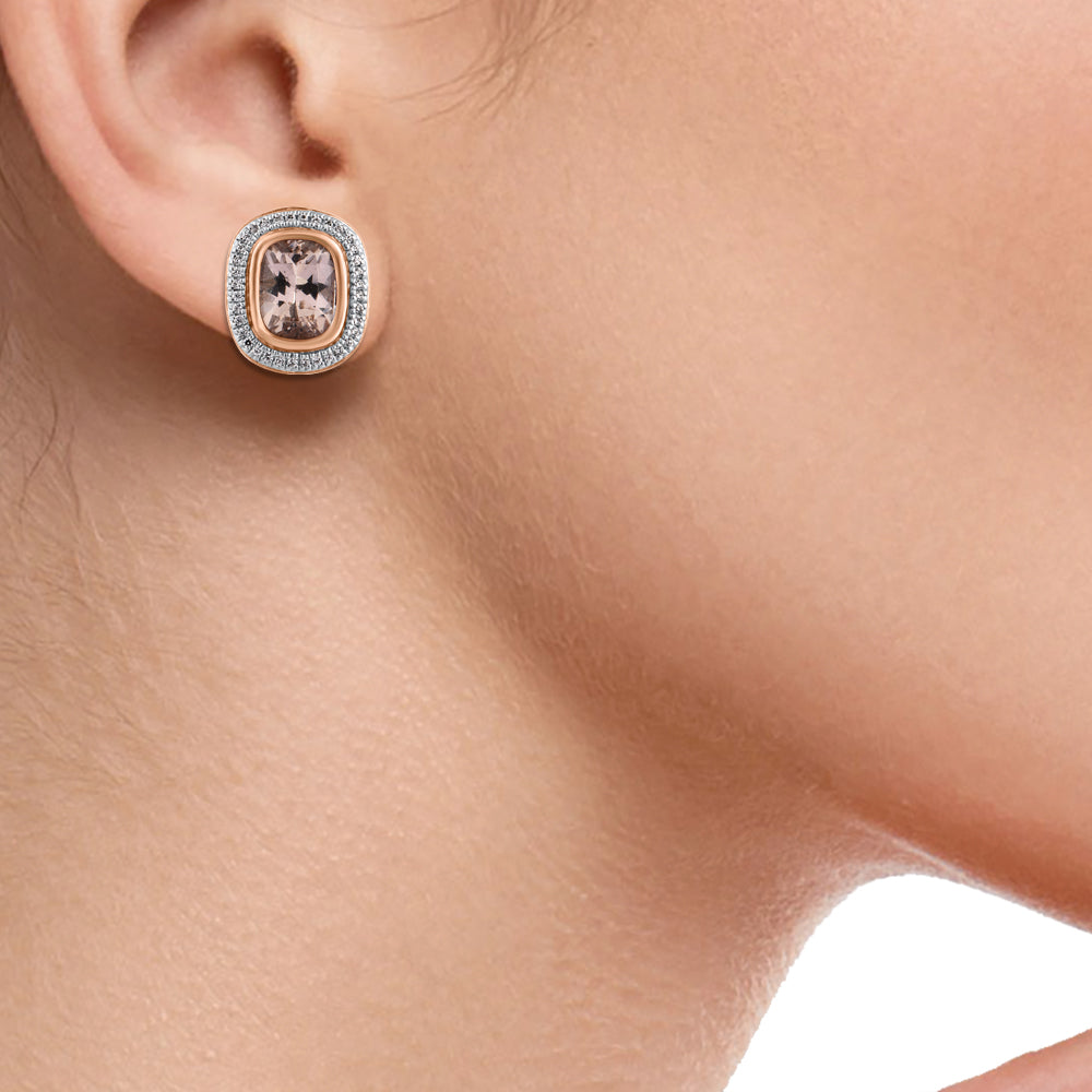 Cushion-cut Morganite Halo Stud Earrings in 10KT Gold