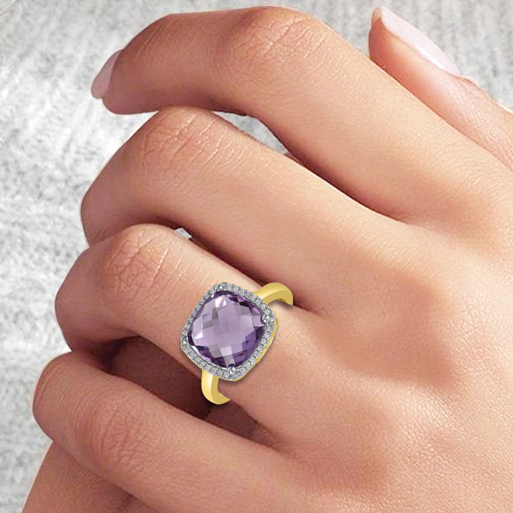 Amethyst and Natural Diamond Halo Ring in 10KT Gold