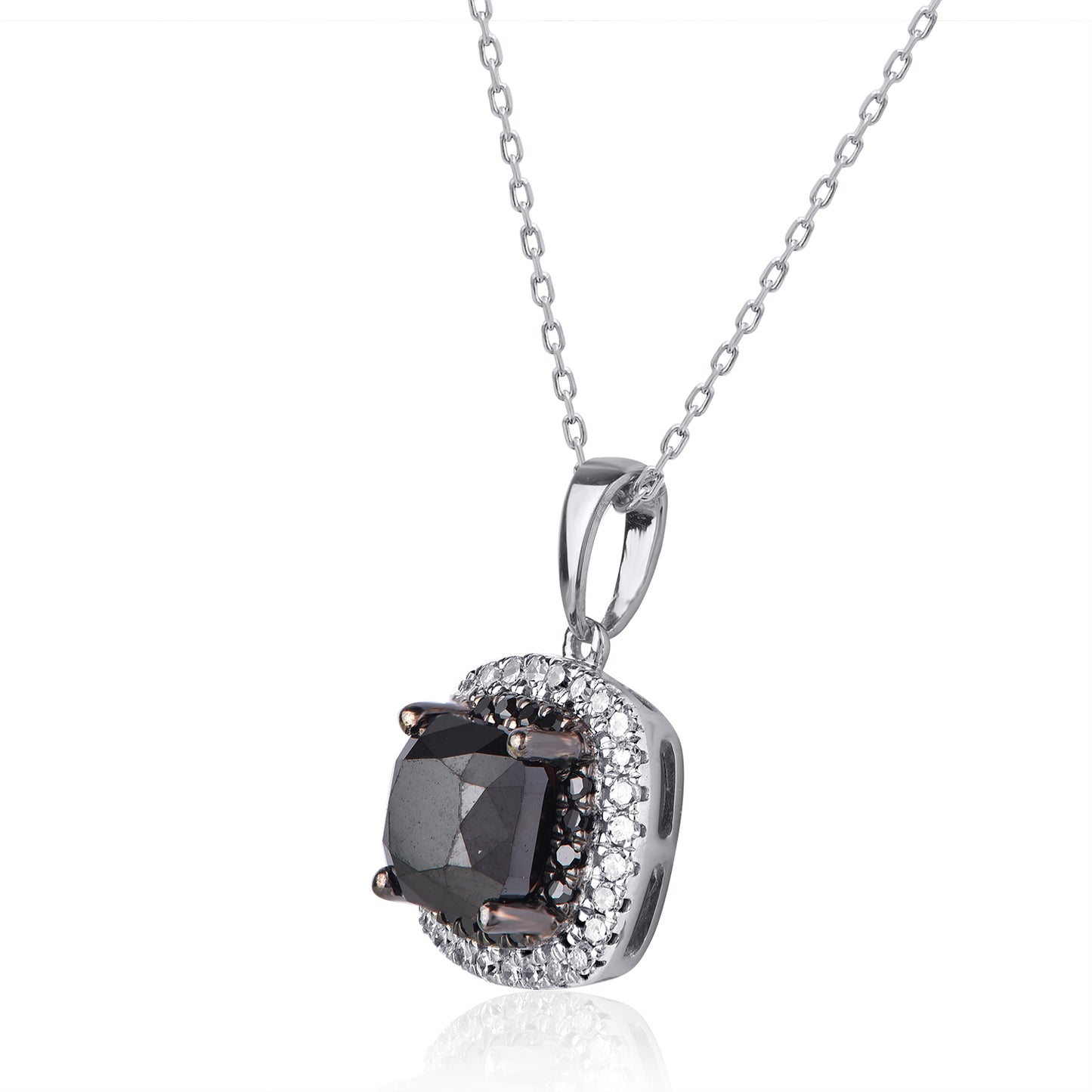Treated Black Diamond Cushion Shape Halo Pendant Necklace in 10K Gold