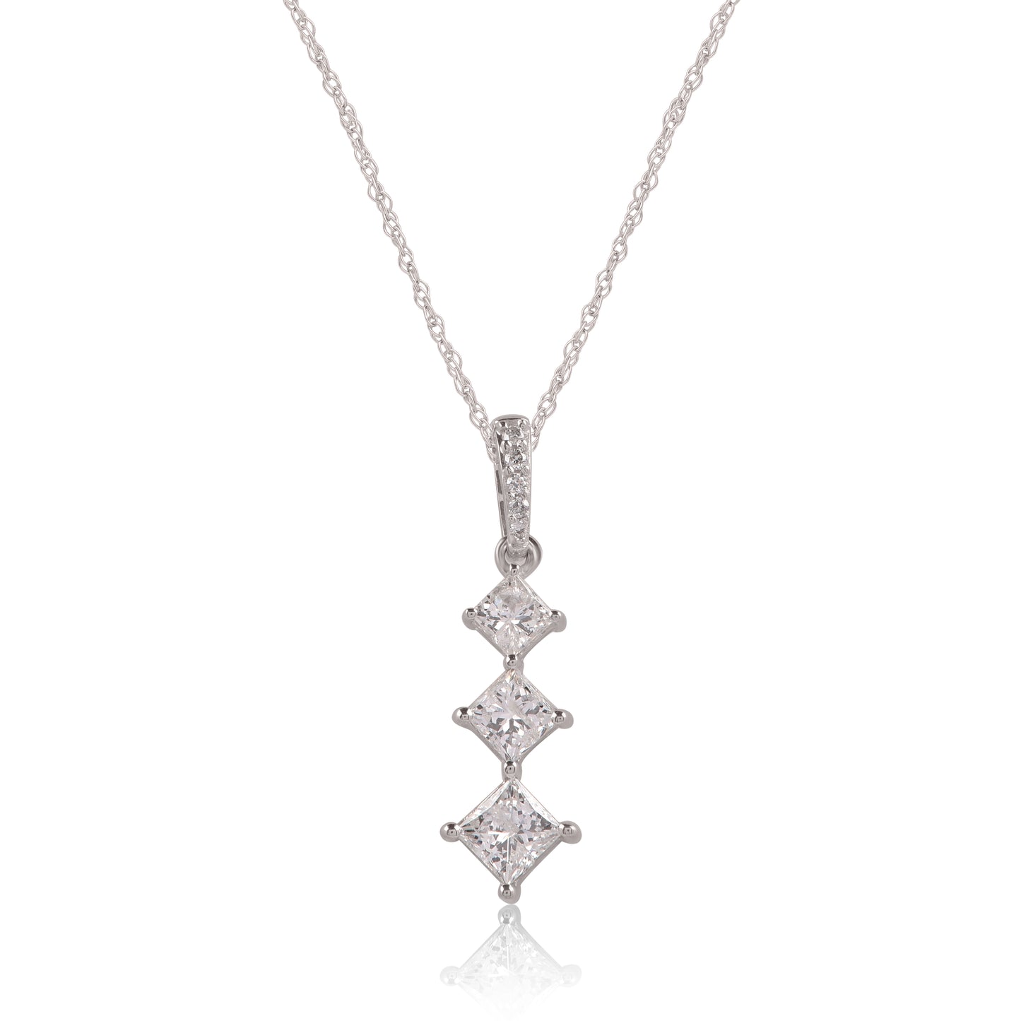 Princess Cut Diamonds Three Stones Past Present Future Pendant Necklace in 10K Gold
