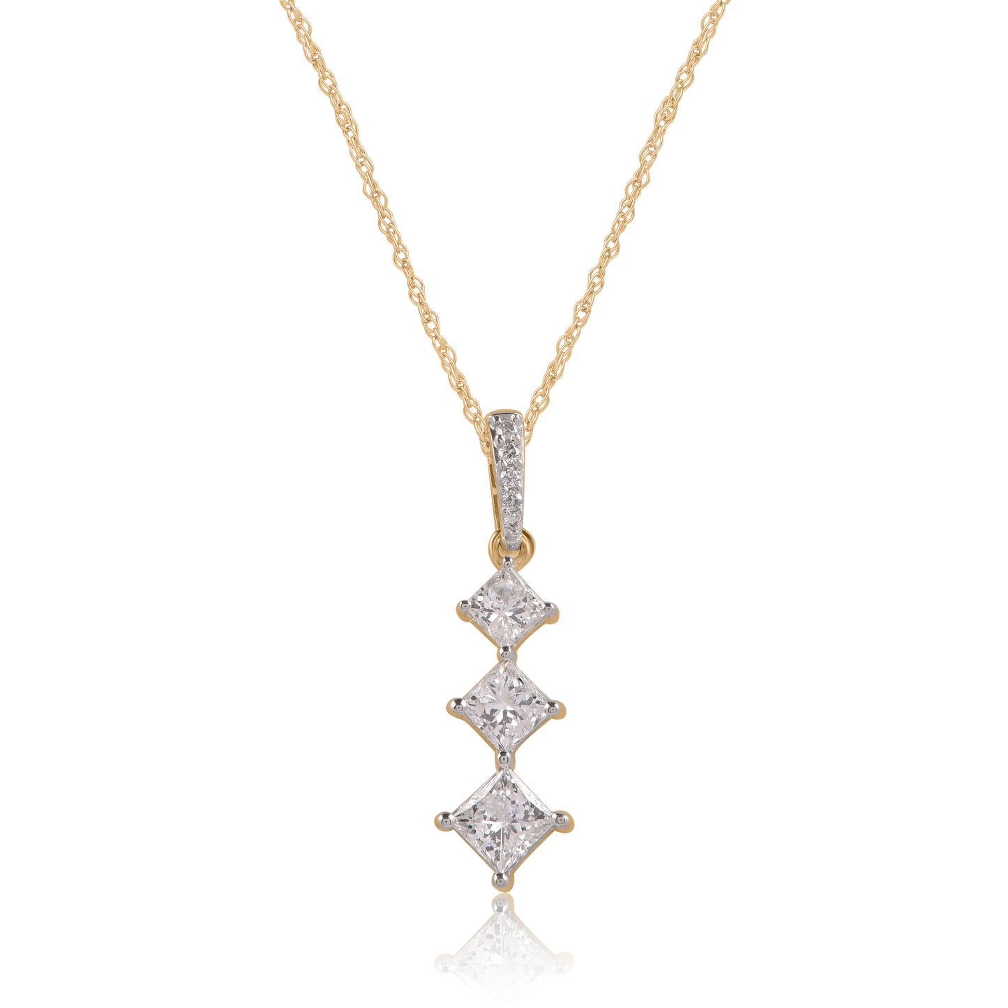 Princess Cut Diamonds Three Stones Past Present Future Pendant Necklace in 10K Gold