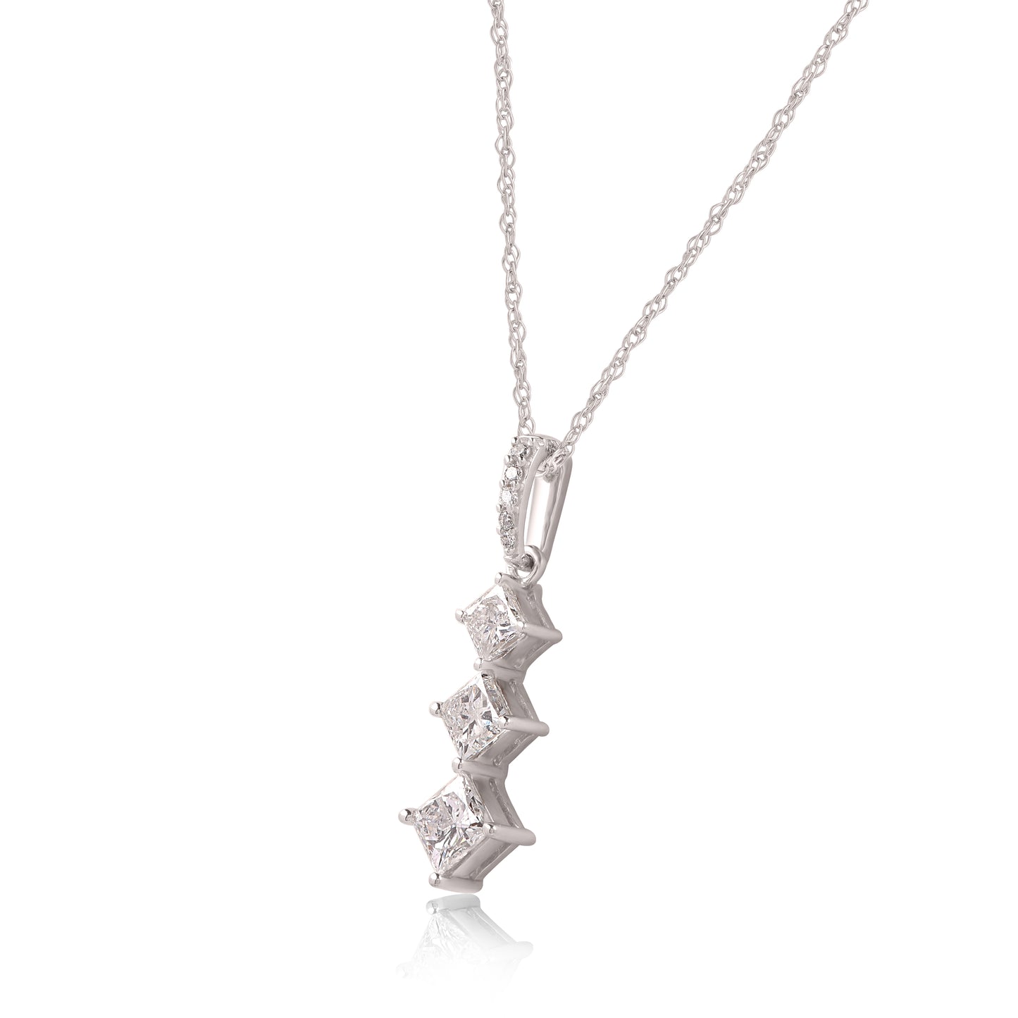 Princess Cut Diamonds Three Stones Past Present Future Pendant Necklace in 10K Gold