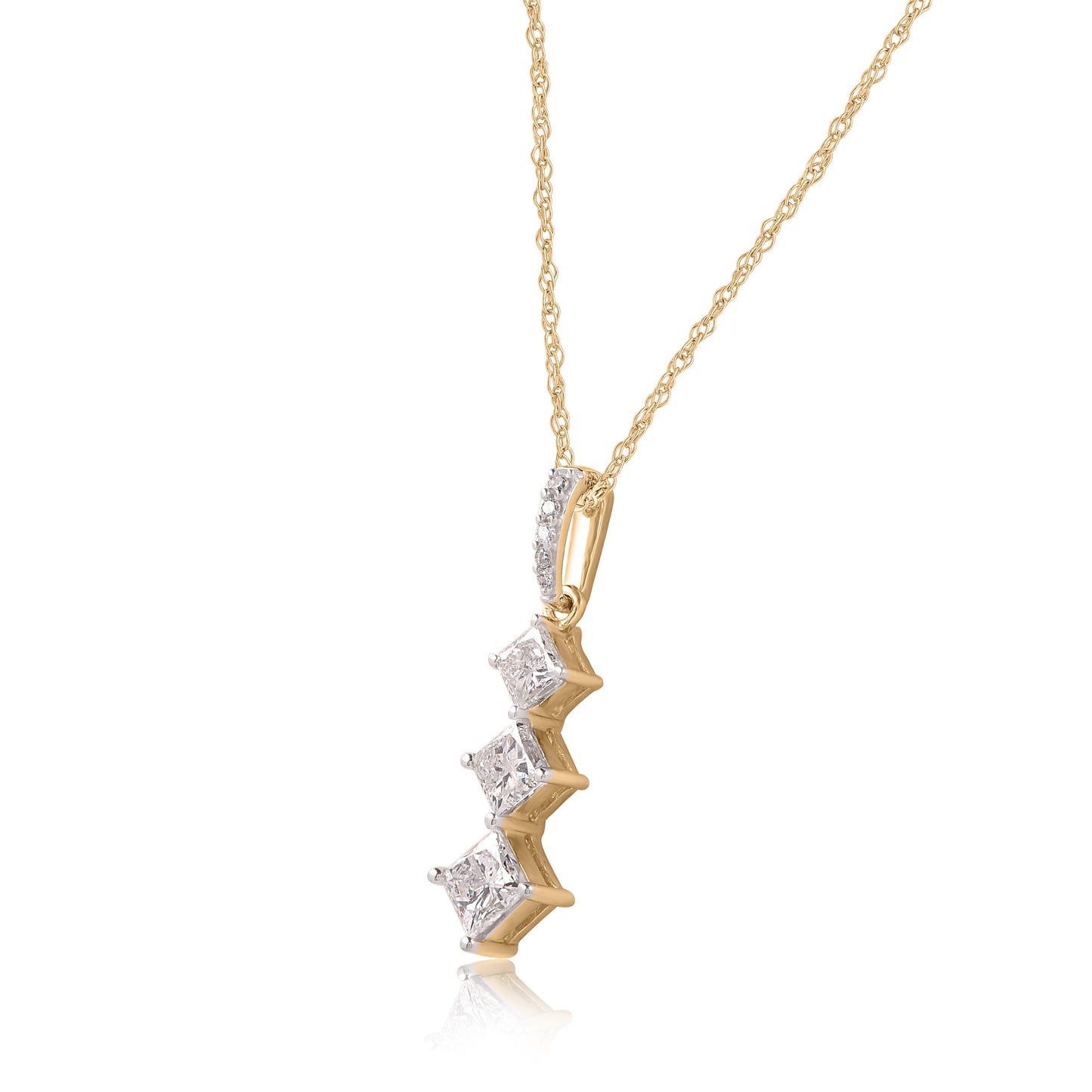 Princess Cut Diamonds Three Stones Past Present Future Pendant Necklace in 10K Gold