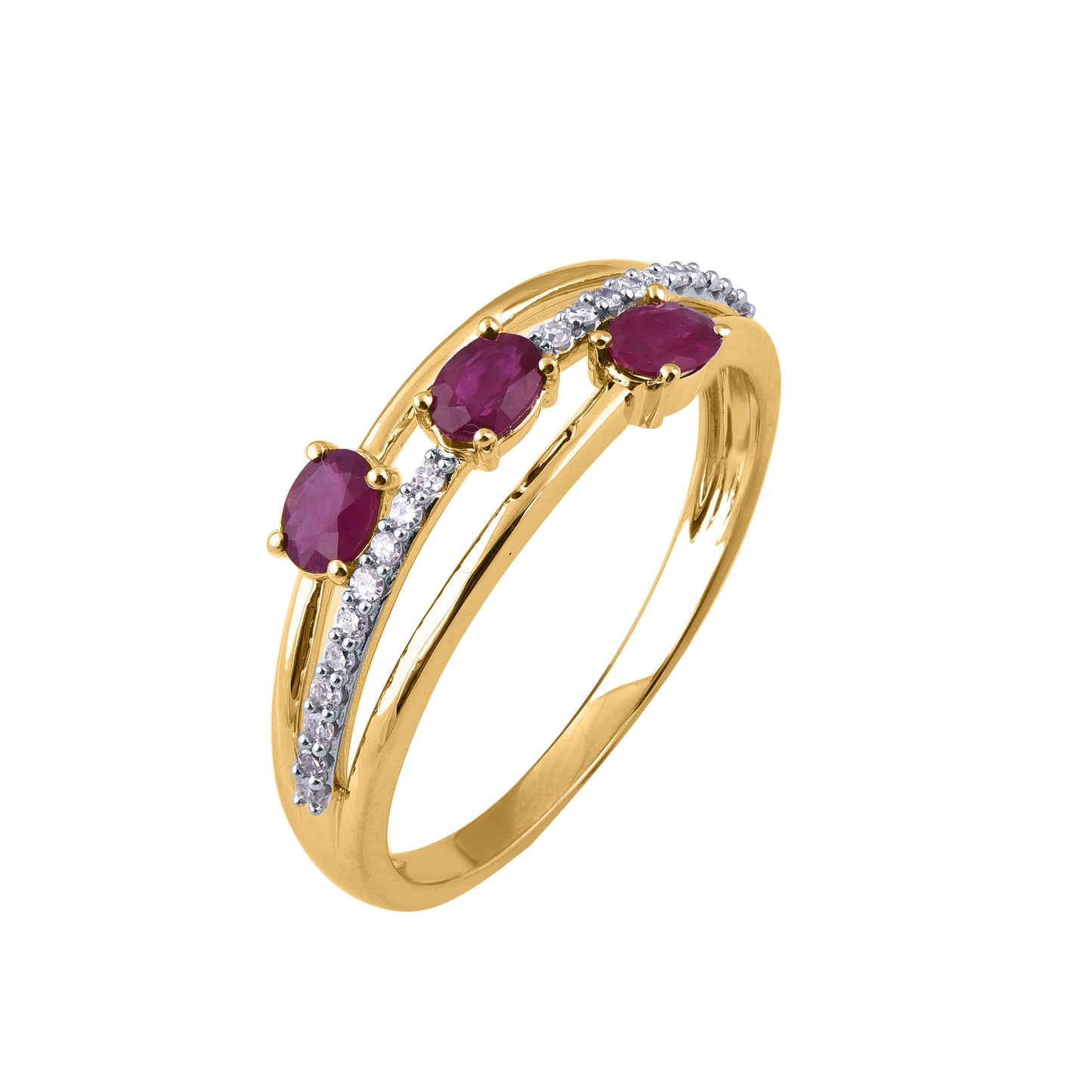 Ruby Split Shank Three Stone Ring in 10KT Gold
