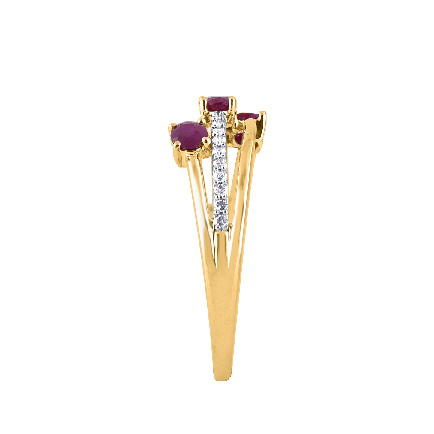 Ruby Split Shank Three Stone Ring in 10KT Gold