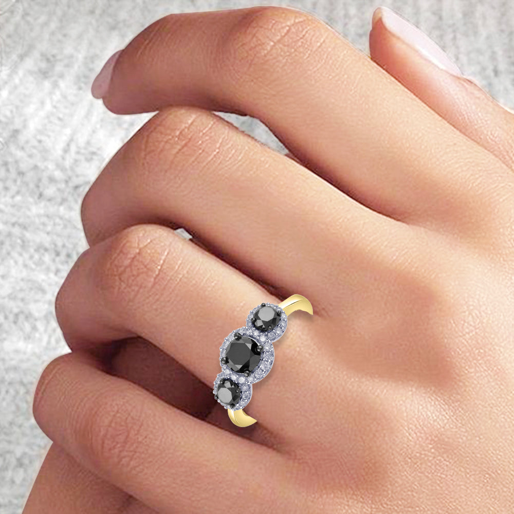 1.70 CT Three Stone Black Diamond Ring in 10KT Gold