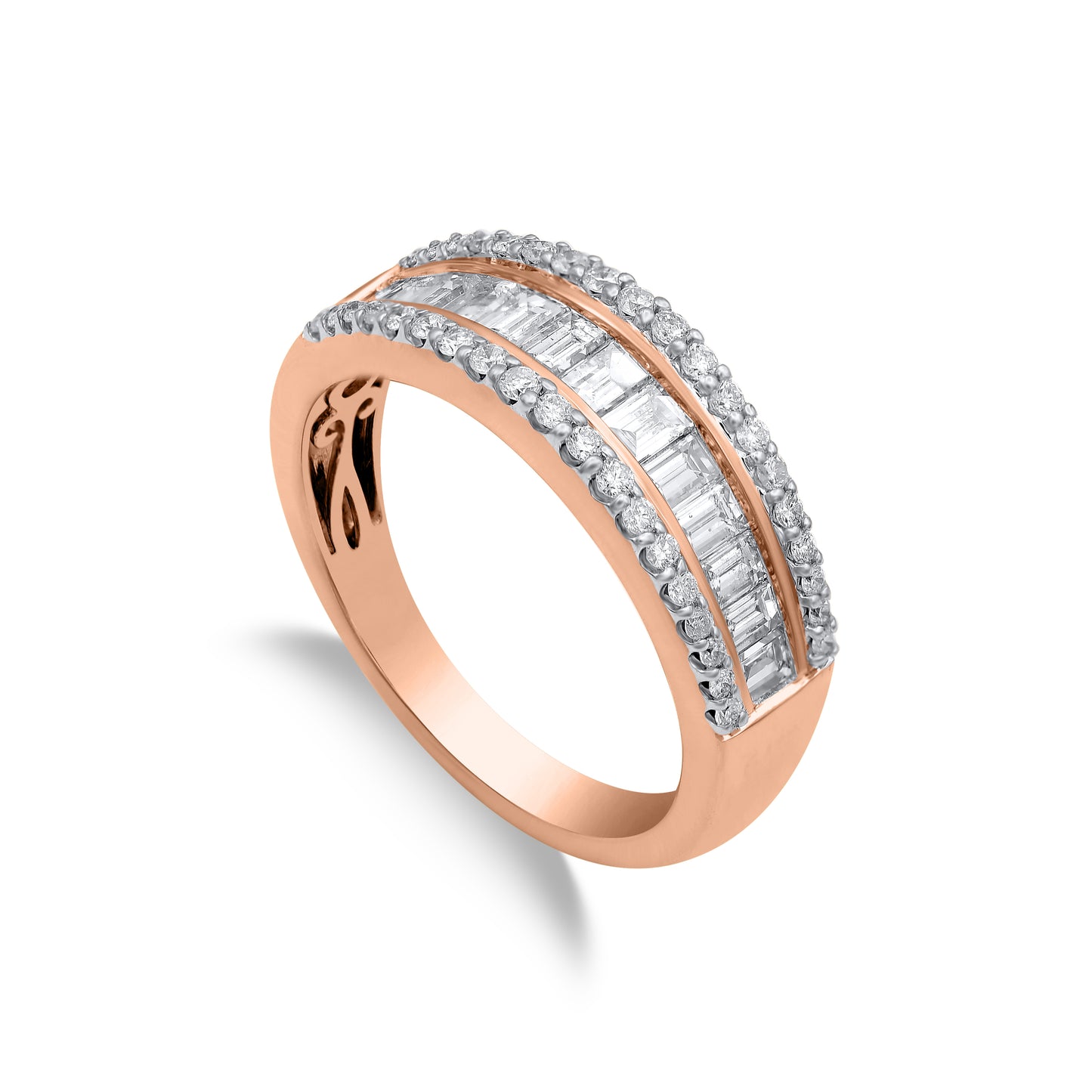1 CT Baguette & Round Cut Natural Diamond Multi-Row Band Ring in 14KT Gold