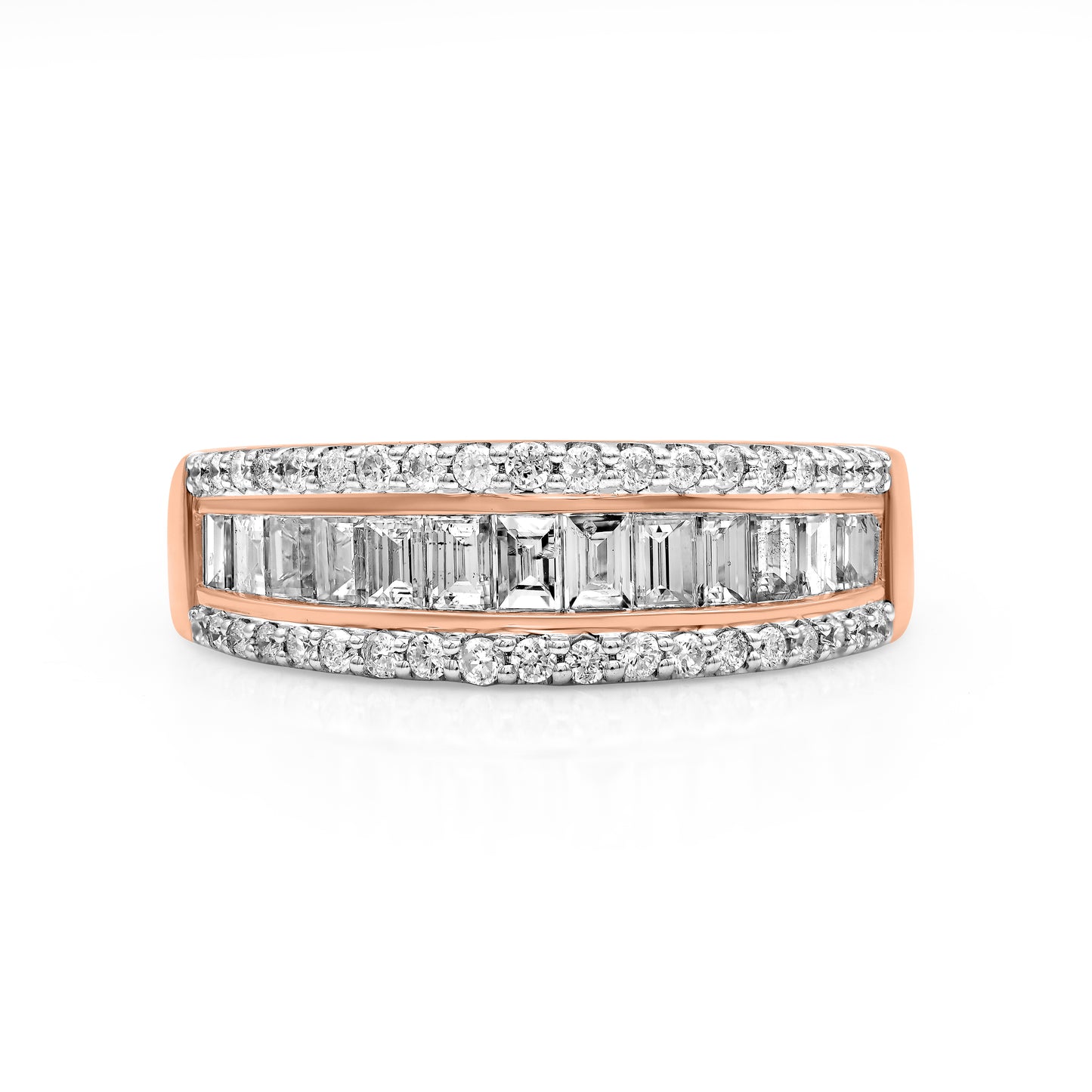 1 CT Baguette & Round Cut Natural Diamond Multi-Row Band Ring in 14KT Gold