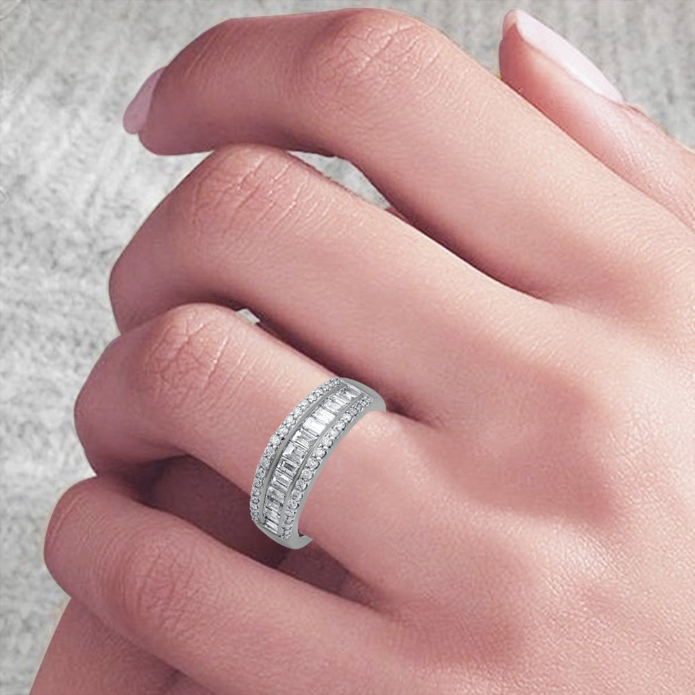 1 CT Baguette & Round Cut Natural Diamond Multi-Row Band Ring in 14KT Gold