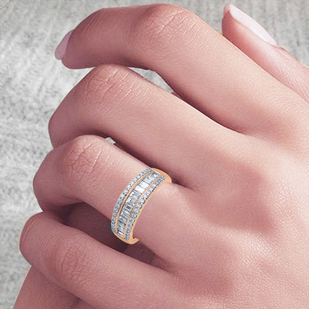 1 CT Baguette & Round Cut Natural Diamond Multi-Row Band Ring in 14KT Gold