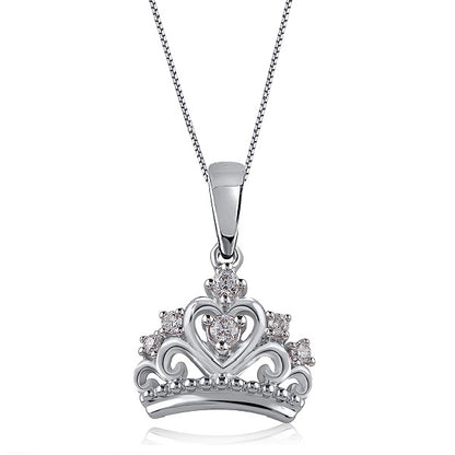 Princess Tiara Crown Heart Pendant Necklace in 10k Gold