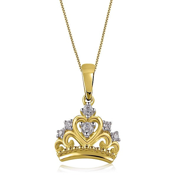 Princess Tiara Crown Heart Pendant Necklace in Gold Plated 925 Sterling Silver