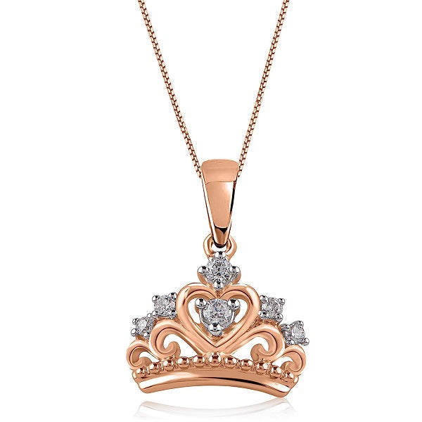 Princess Tiara Crown Heart Pendant Necklace in Gold Plated 925 Sterling Silver