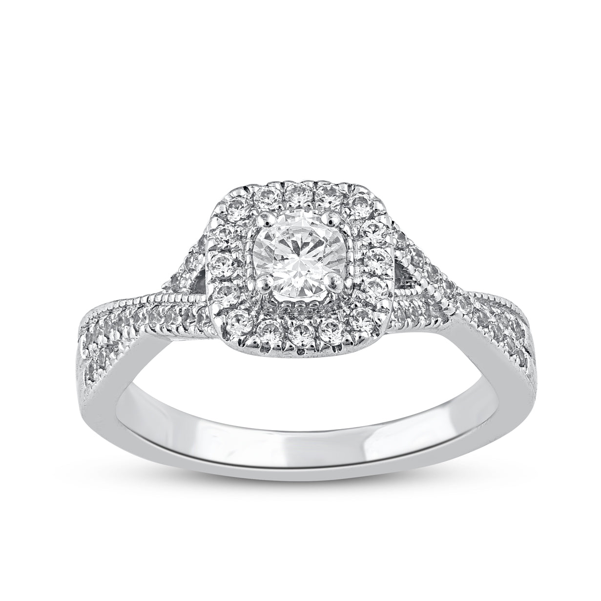 0.75 Carat Diamond Twist Shank Halo 14K White Gold Engagement Ring