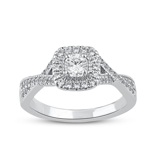 0.75 Carat Diamond Twist Shank Halo 14K White Gold Engagement Ring
