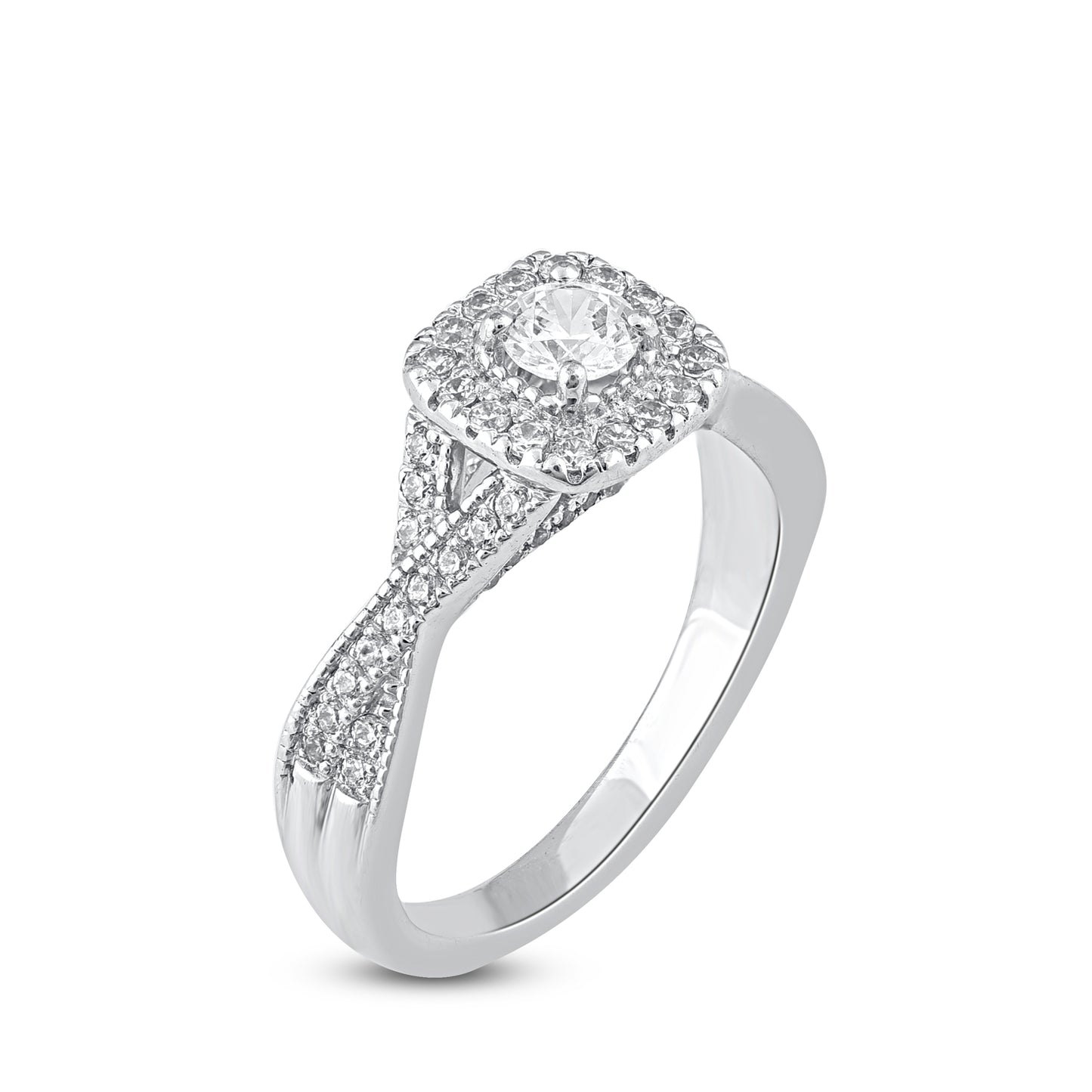 0.75 Carat Diamond Twist Shank Halo 14K White Gold Engagement Ring