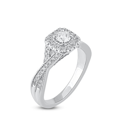 0.75 Carat Diamond Twist Shank Halo 14K White Gold Engagement Ring
