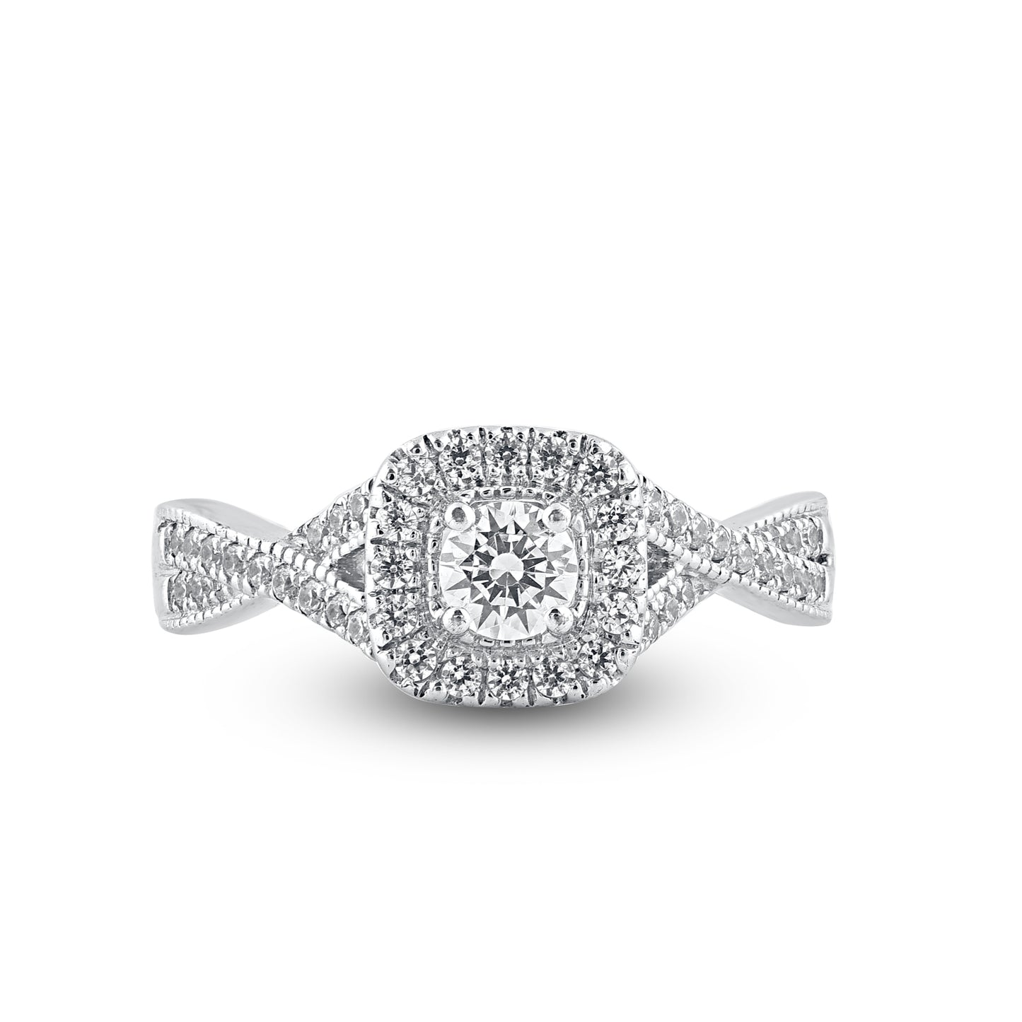 0.75 Carat Diamond Twist Shank Halo 14K White Gold Engagement Ring