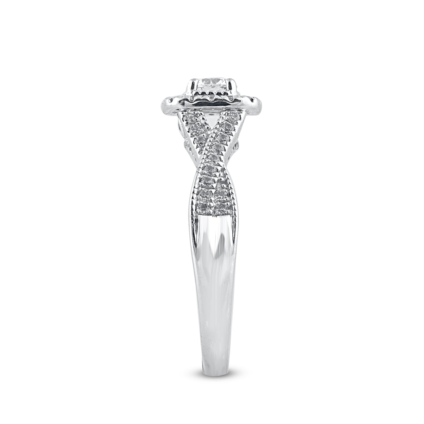 0.75 Carat Diamond Twist Shank Halo 14K White Gold Engagement Ring