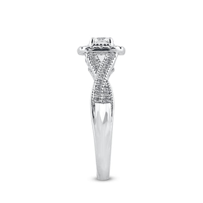 0.75 Carat Diamond Twist Shank Halo 14K White Gold Engagement Ring