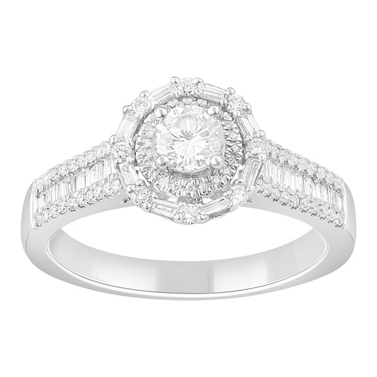 1.0 Carat Natural Diamond Halo Engagement Ring in 14K White Gold