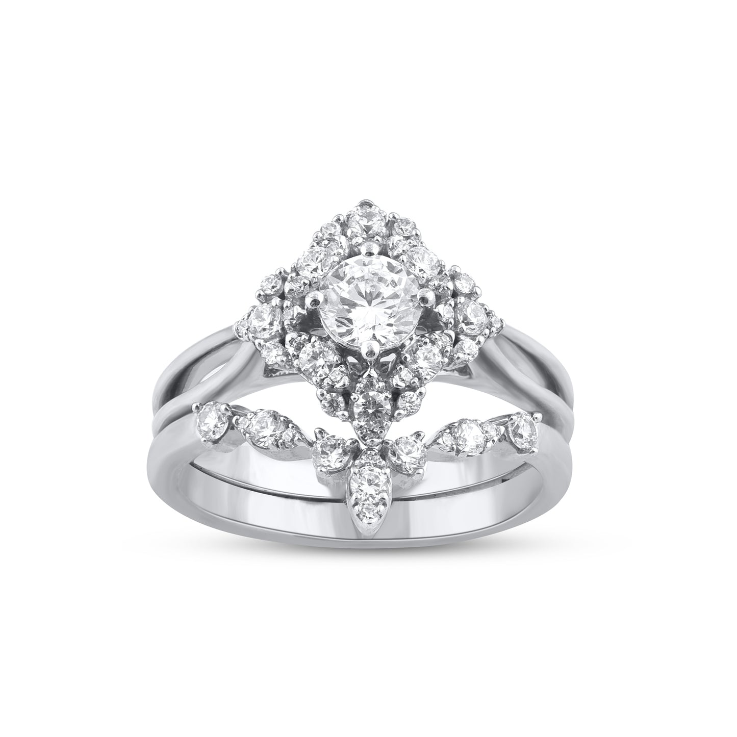 1.0 Carat Diamond 14K White Gold Vintage-Style Bridal Ring Set