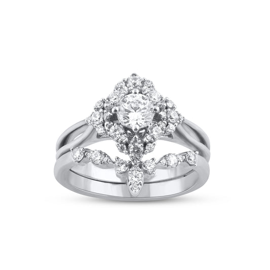 1.0 Carat Diamond 14K White Gold Vintage-Style Bridal Ring Set
