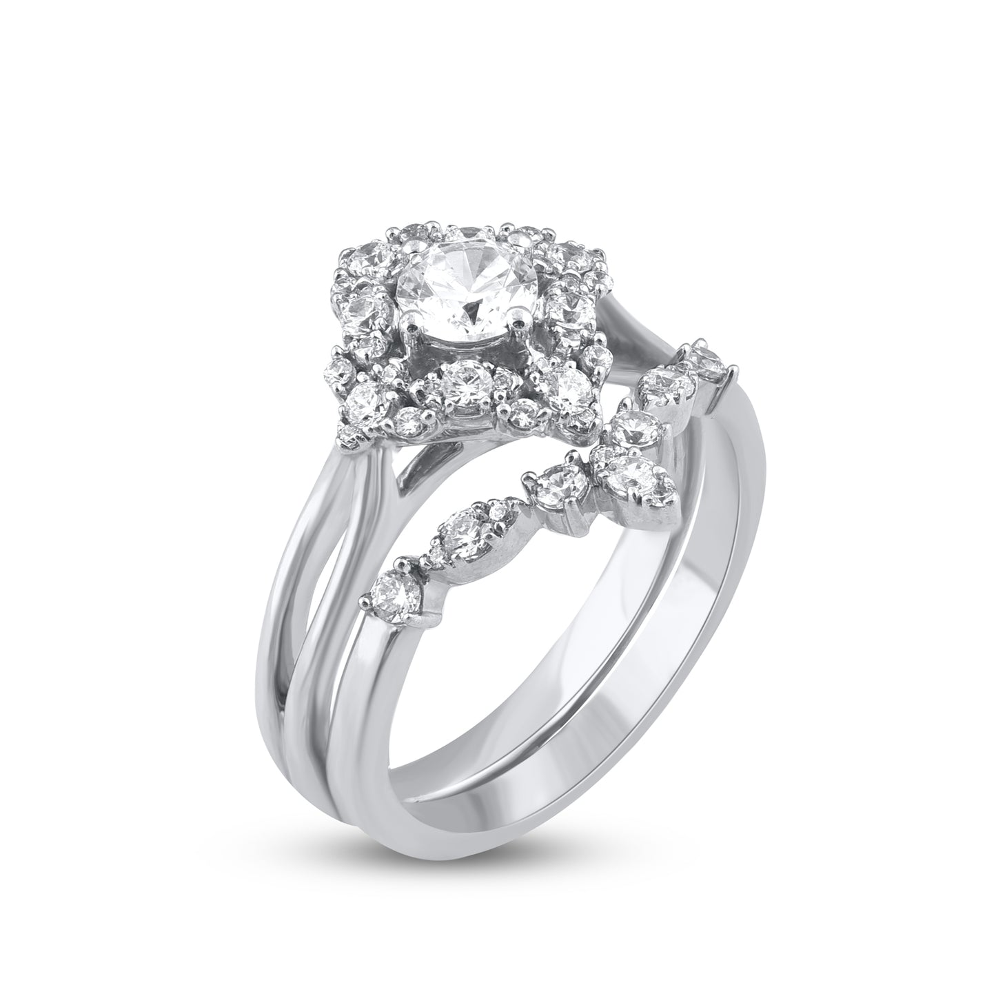 1.0 Carat Diamond 14K White Gold Vintage-Style Bridal Ring Set