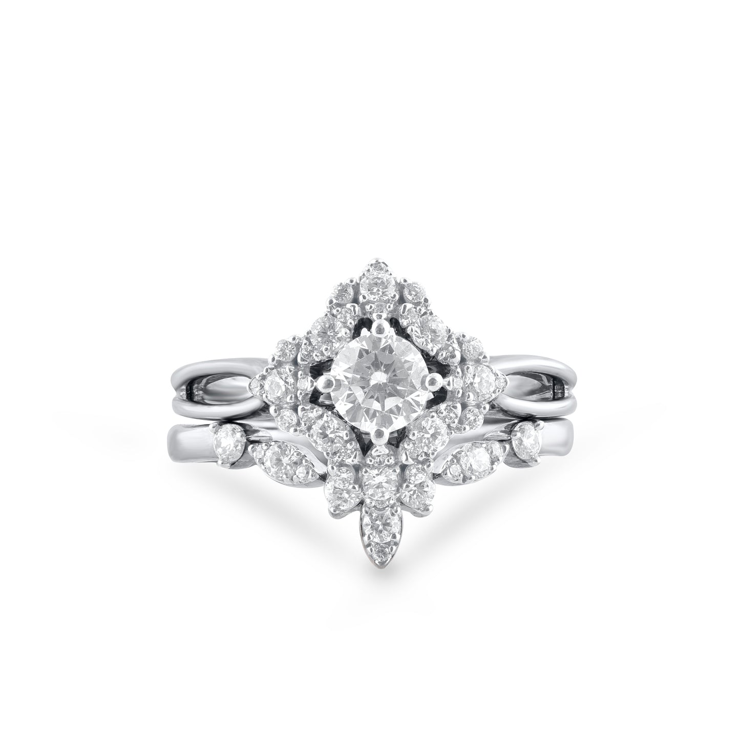 1.0 Carat Diamond 14K White Gold Vintage-Style Bridal Ring Set