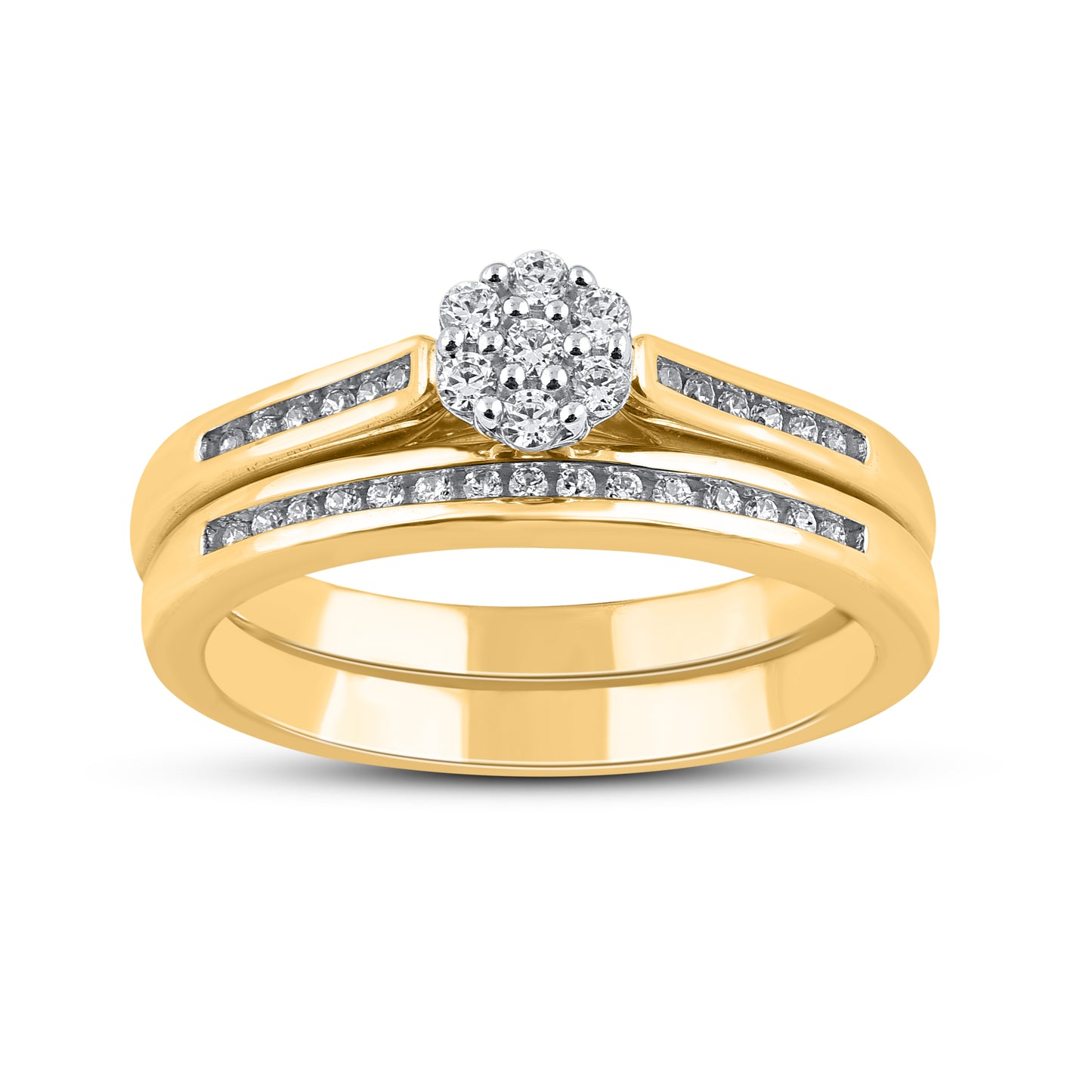 0.25 Carat Natural Round Diamond 14 Karat Yellow Gold Cluster Bridal Ring Set