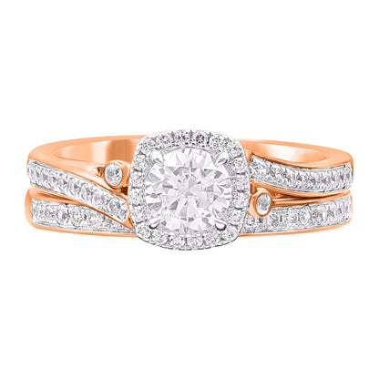 1.0 Carat Round Diamond Halo Bridal Ring Set in 14K Rose Gold