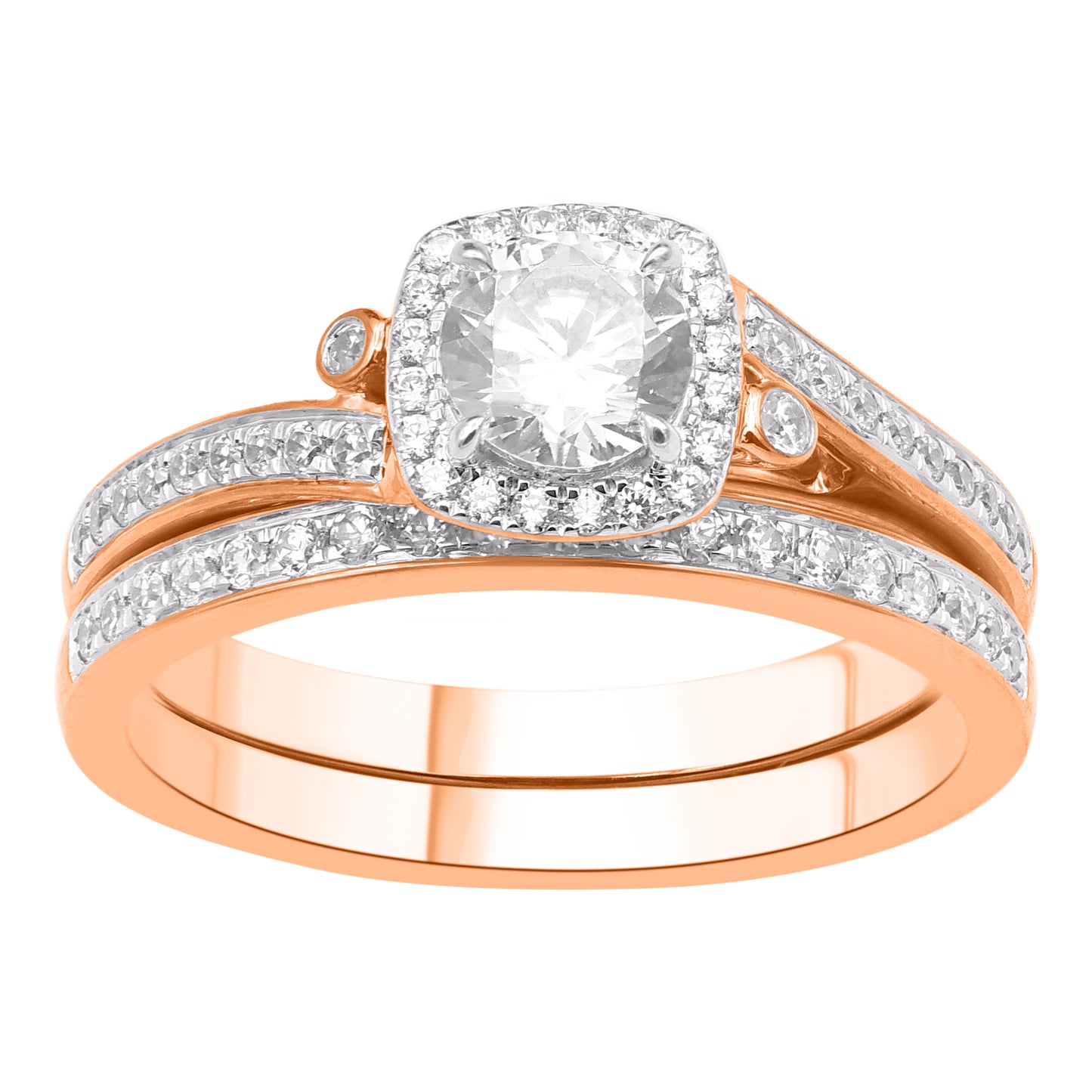 1.0 Carat Round Diamond Halo Bridal Ring Set in 14K Rose Gold