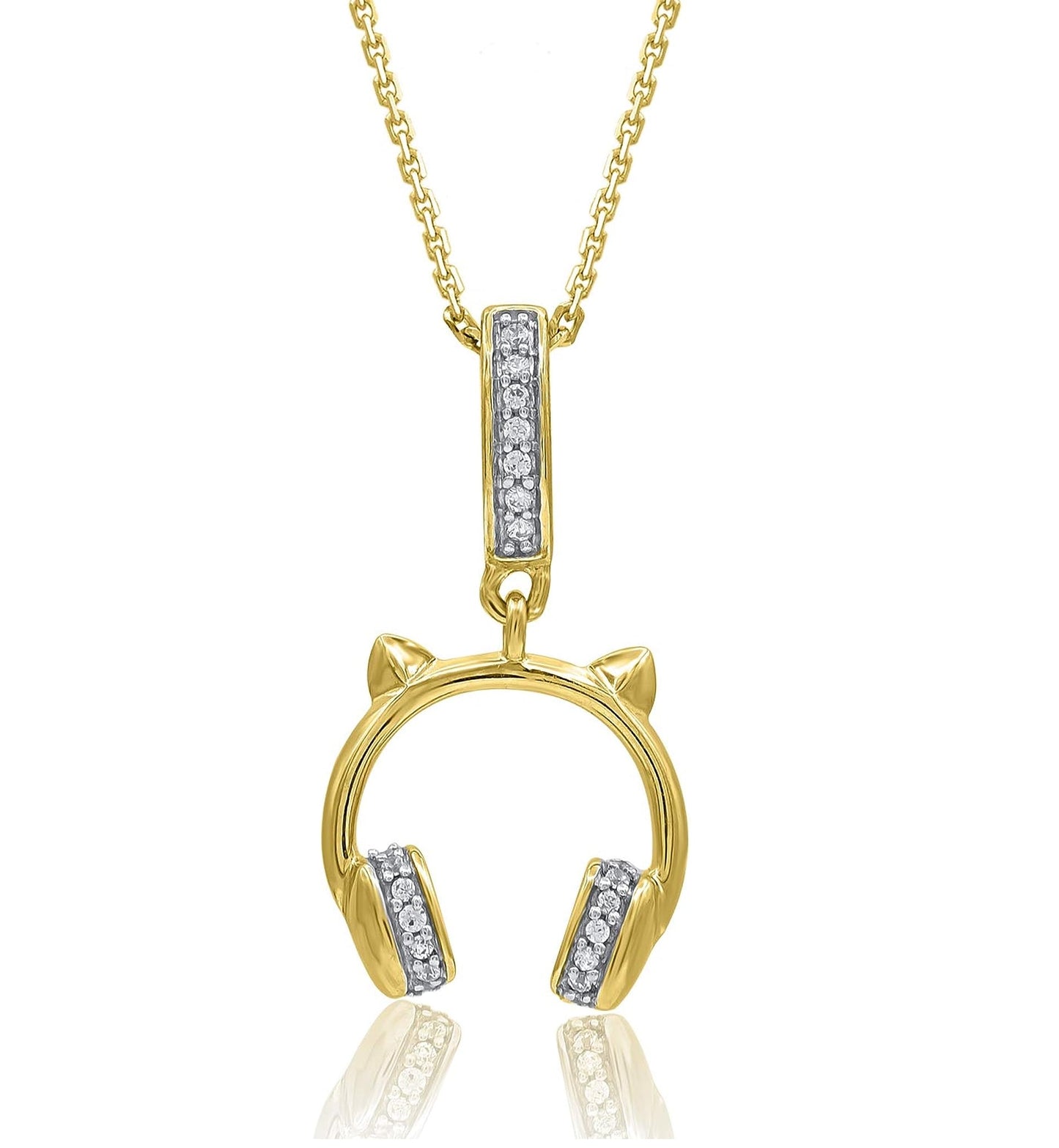 Kitty Cat Ear Headphone Pendant Necklace in 10k Gold