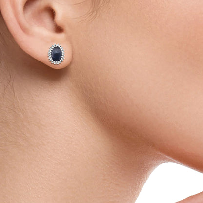Oval Blue Sapphire Halo Stud Earrings in 10K Gold