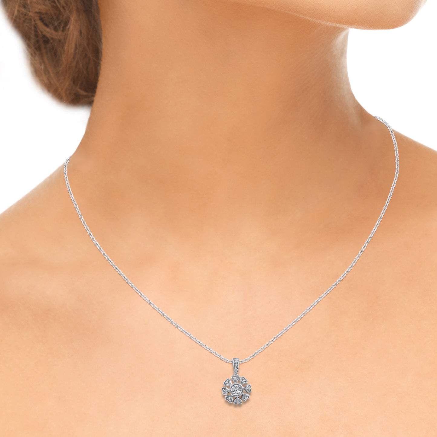 Cluster Flower Heart Petals Pendant Necklace in 925 Sterling Silver