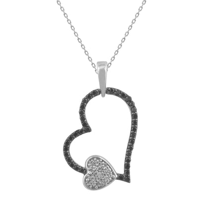 Treated Black Diamond Double Heart Pendant Necklace in 925 Sterling Silver
