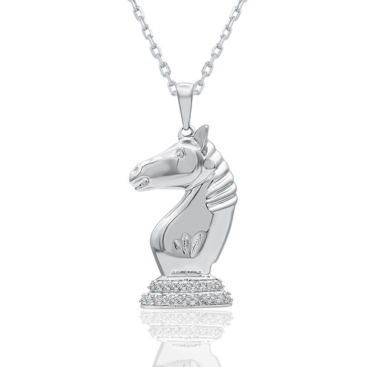 Chess Knight Charm Pendant Necklace in 925 Sterling Silver