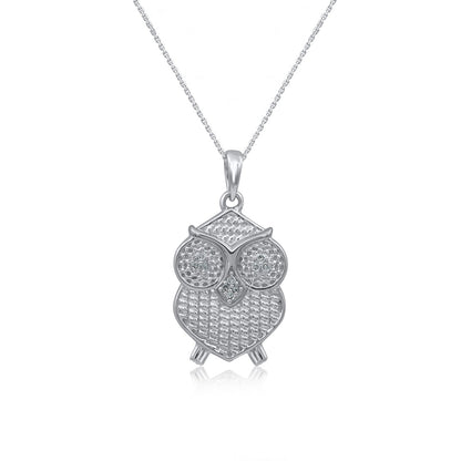 TJD Natural Natural Round Diamond Owl Pendant Necklace for Women in 925 Sterling Silver (0.03 Cttw, H-I Color, I2-I3 Clarity)