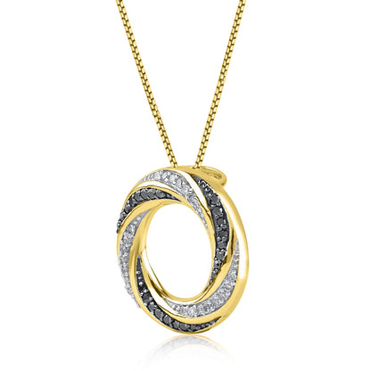Treated Black Diamond Circular Swirl Pendant Necklace in 10K Gold