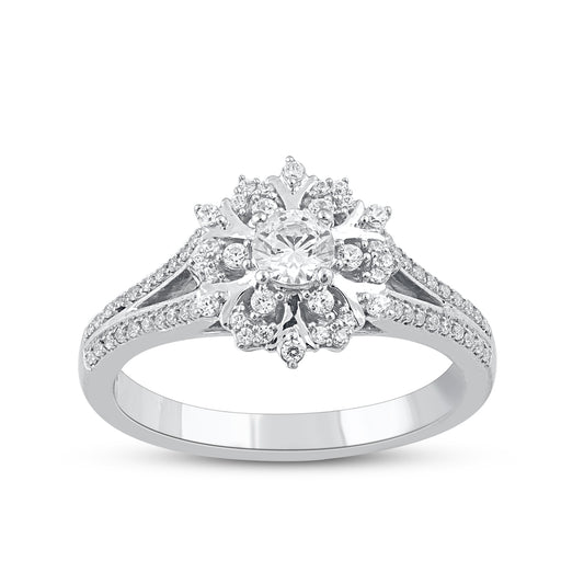 0.50 Carat Diamond Floral Cluster Halo Engagement Ring 14 Karat White Gold