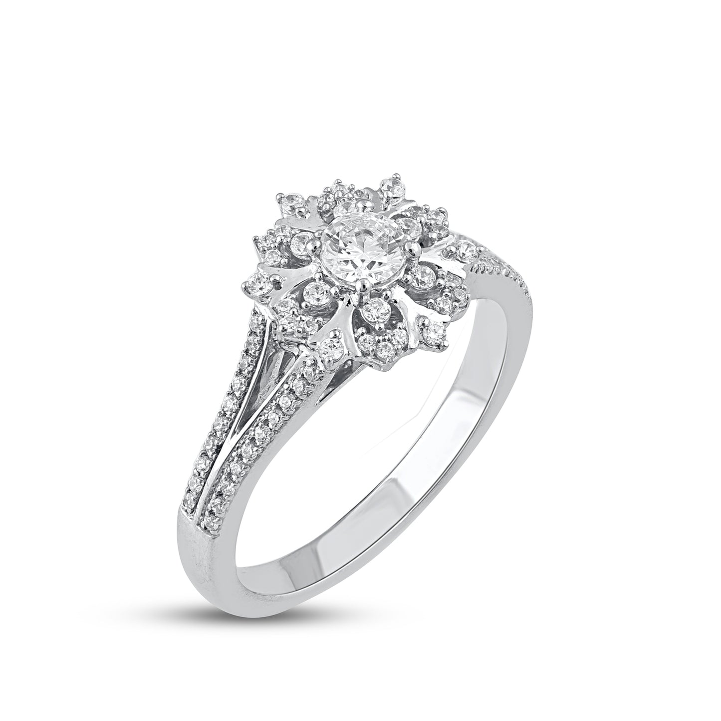 0.50 Carat Diamond Floral Cluster Halo Engagement Ring 14 Karat White Gold