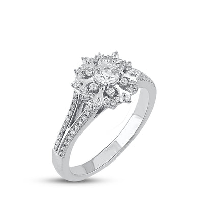 0.50 Carat Diamond Floral Cluster Halo Engagement Ring 14 Karat White Gold