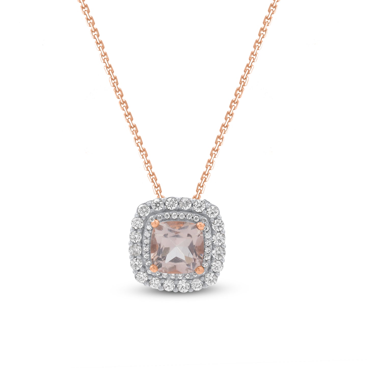 Morganite Cushion Cut Fashion Pendant Necklace in 10K Rose Gold (J-K Color, I3-I4 Clarity)