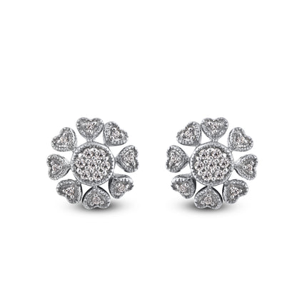 Cluster Flower Heart Stud Earrings in .925 Sterling Silver