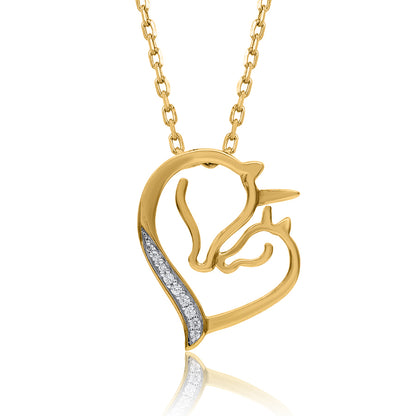 Mama and Baby Unicorn Heart Pendant Necklace in 10K Gold